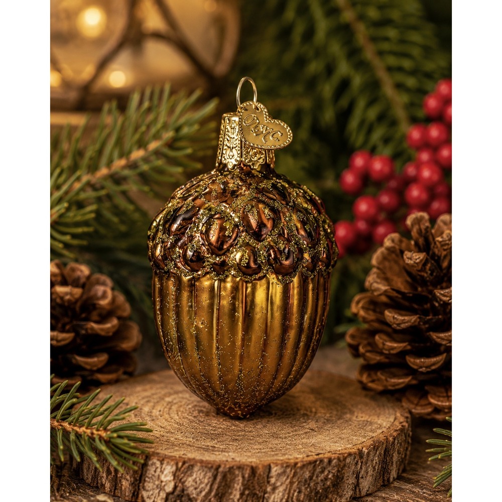 Old World‎ Christmas Glass Blown Acorn Ornament Glitter Woodland Decor 2.5"